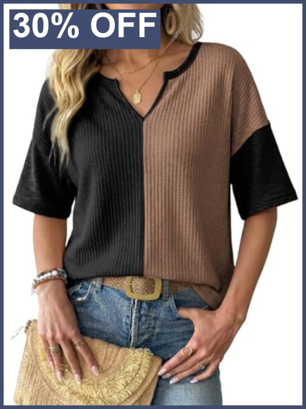 Waffle Knit Colorblock Patchwork Half Sleeve V-Neck Loose Fit Tunic Top
